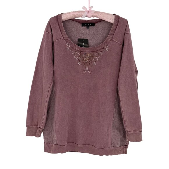 Vtg 90s B.L.E.U. Mauve Pink Lace & Studded Slouchy Sweatshirt | Y2K Grunge Boho - Picture 2 of 16